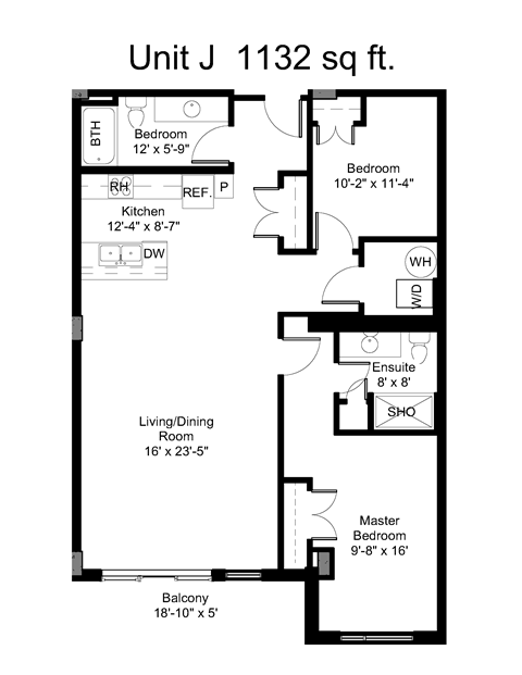Floor plan for 2 beds, 2 baths, 1132 sqft